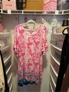 Lilly Pulitzer Pink Floral Shift Dress with Hot Pink Trim